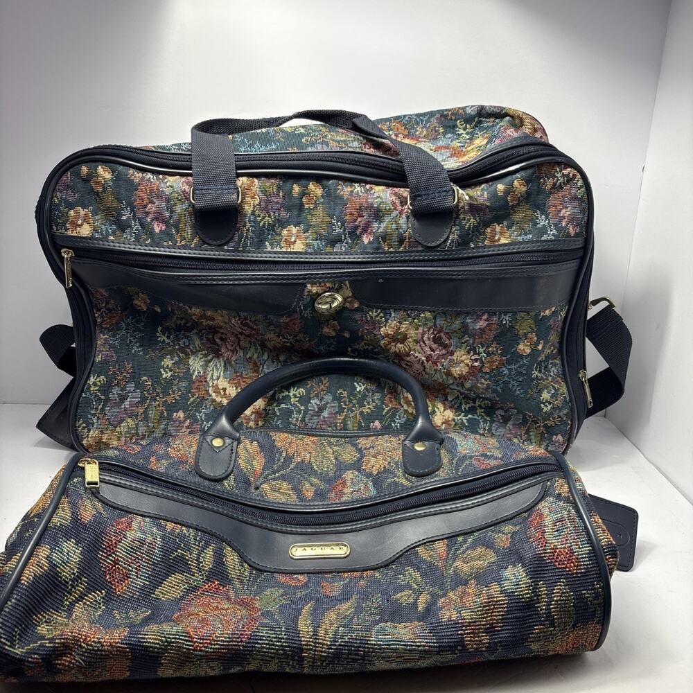 Vintage Jaguar Tapestry Weekender Travel Bag & Tote Purse Set JCPenney Floral
